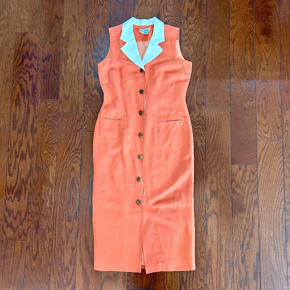 Vintage linen button front collar dress office orange white coral summer dress